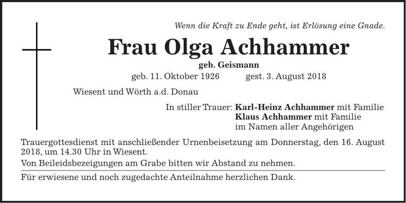 Traueranzeige Olga Achhammer
