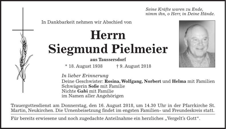 Traueranzeige Siegmund Pielmeier