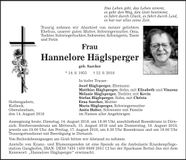 Traueranzeige Hannelore Häglsperger