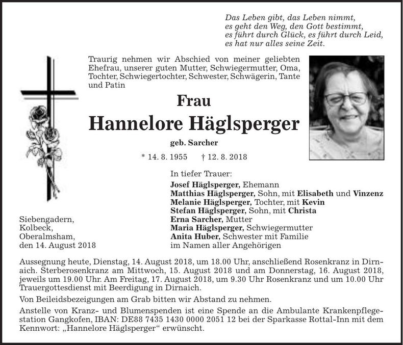 Traueranzeige Hannelore Häglsperger