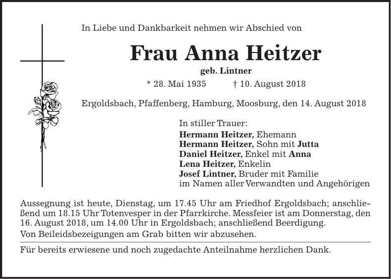 Traueranzeige Anna Heitzer