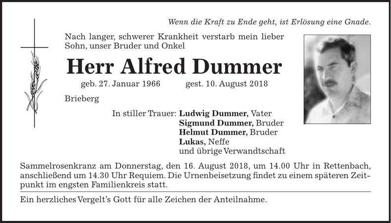 Traueranzeige Alfred Dummer
