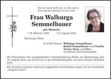 Traueranzeige Walburga Semmelbauer