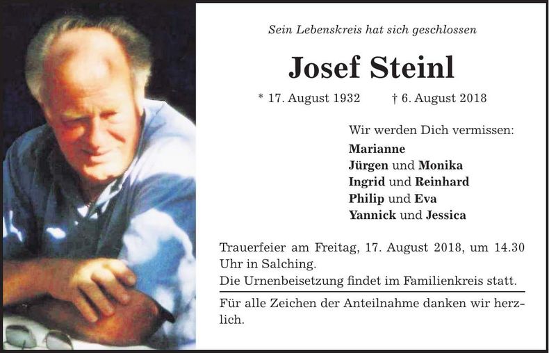 Traueranzeige Josef Steinl