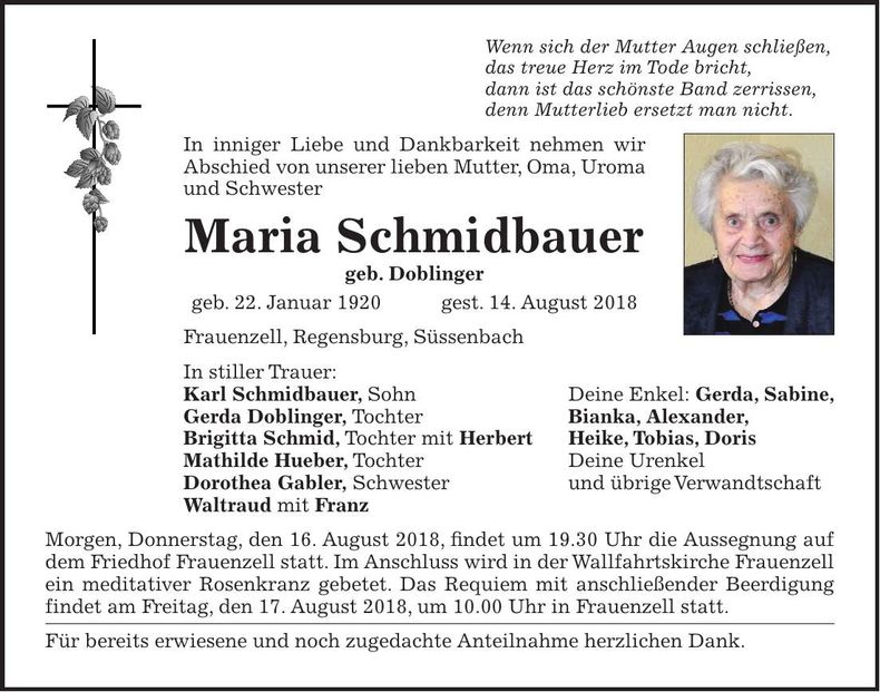 Traueranzeige Maria Schmidbauer