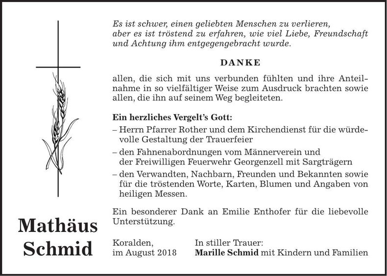 Traueranzeige Mathäus Schmid