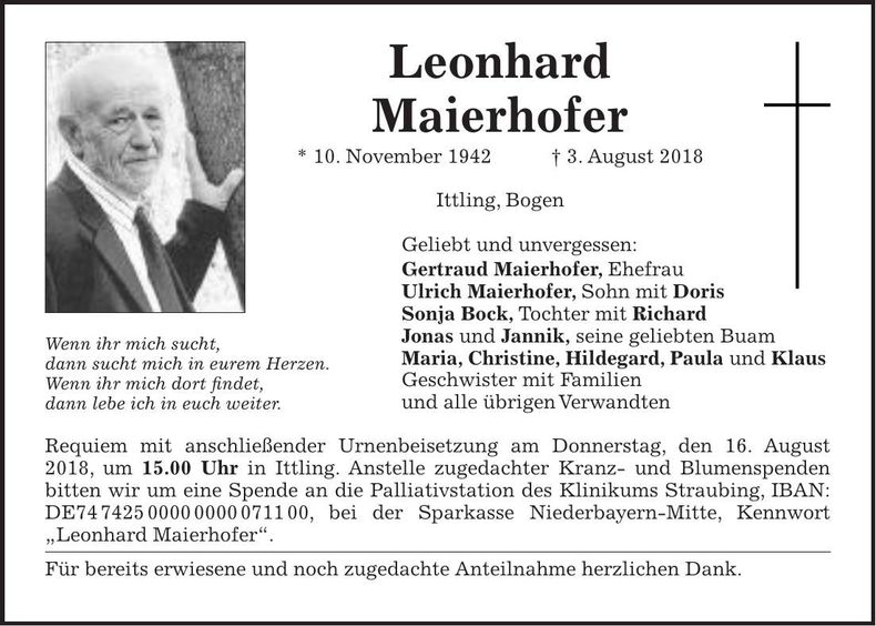 Traueranzeige Leonhard Maierhofer