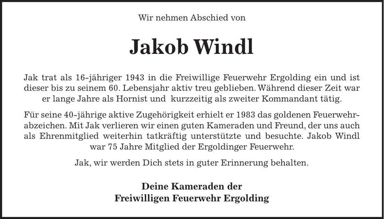 Traueranzeige Jakob Windl