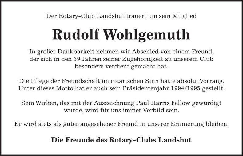 Traueranzeige Rudolf Wohlgemuth