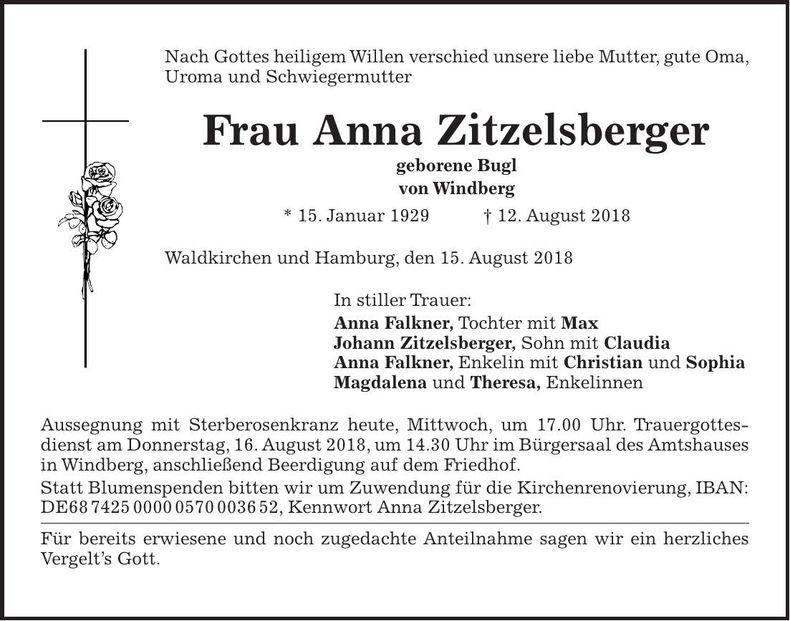 Traueranzeige Anna Zitzelsberger