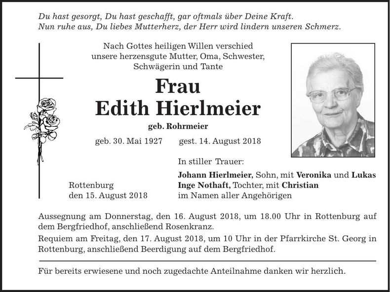 Traueranzeige Edith Hierlmeier