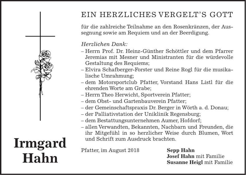 Traueranzeige Irmgard Hahn