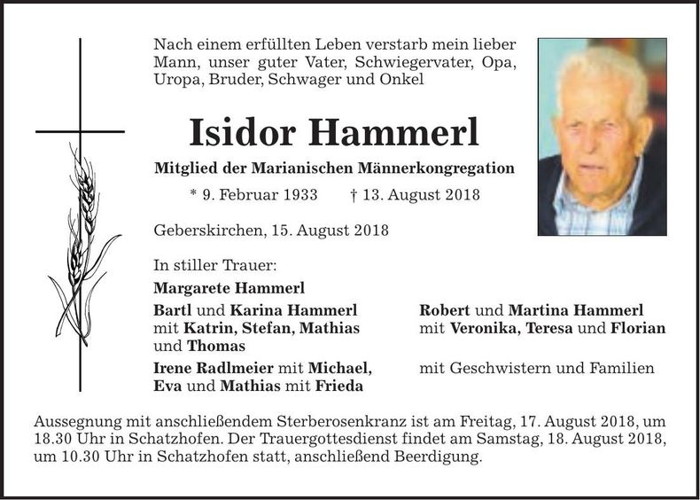 Traueranzeige Isidor Hammerl