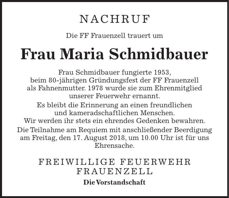 Traueranzeige Maria Schmidbauer