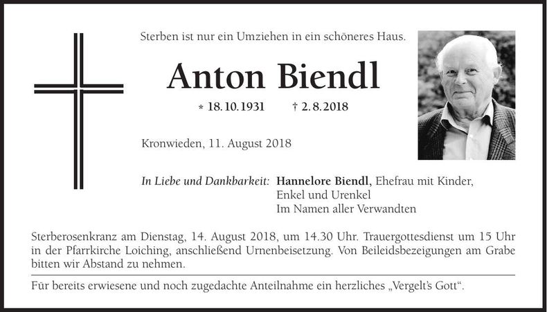 Traueranzeige Anton Biendl