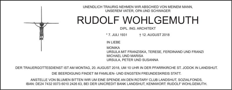 Traueranzeige Rudolf Wohlgemuth