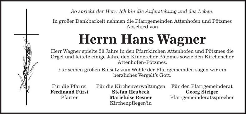 Traueranzeige Hans Wagner
