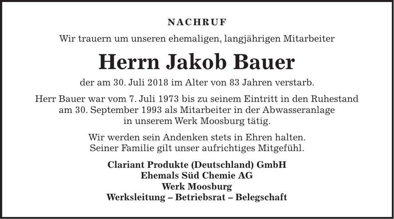 Traueranzeige Jakob Bauer