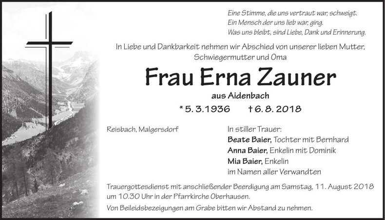 Traueranzeige Erna Zauner