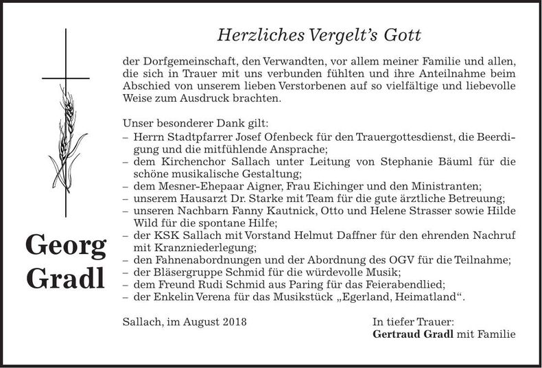 Traueranzeige Georg Gradl