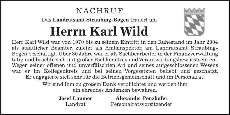Traueranzeige Karl Wild