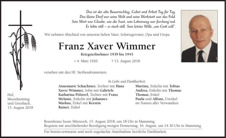 Traueranzeige Franz Xaver Wimmer