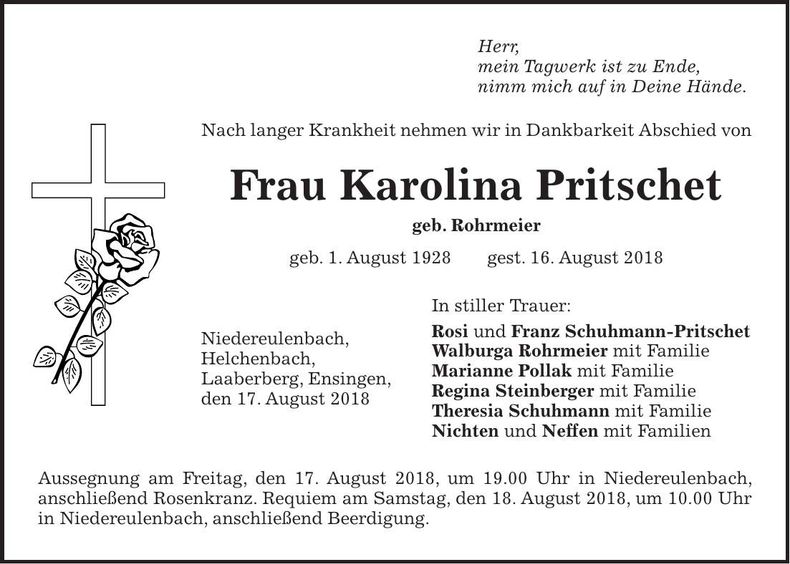 Traueranzeige Karolina Pritschet