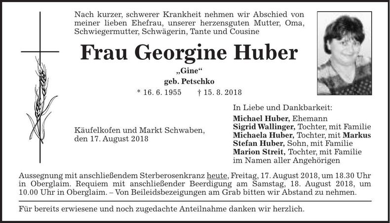 Traueranzeige Georgine Huber