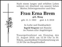 Traueranzeige Erna Brem