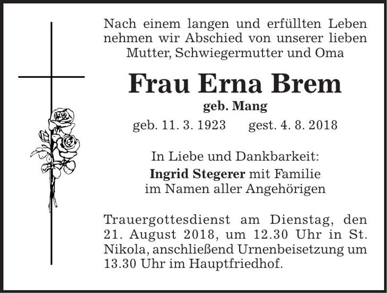 Traueranzeige Erna Brem