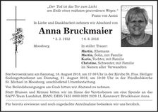Traueranzeige Anna Bruckmaier