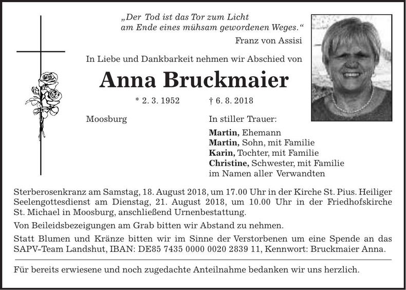 Traueranzeige Anna Bruckmaier