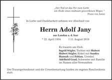 Traueranzeige Adolf Jany
