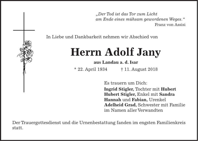 Traueranzeige Adolf Jany