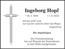 Traueranzeige Ingeborg Hopf