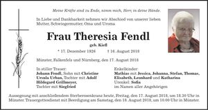 Traueranzeige Theresia Fendl