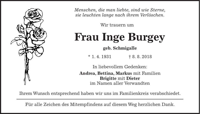 Traueranzeige Inge Burgey