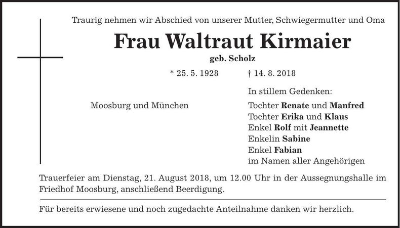 Traueranzeige Waltraut Kirmaier