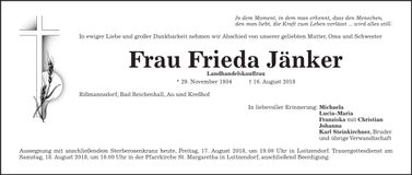 Traueranzeige Frieda Jänker