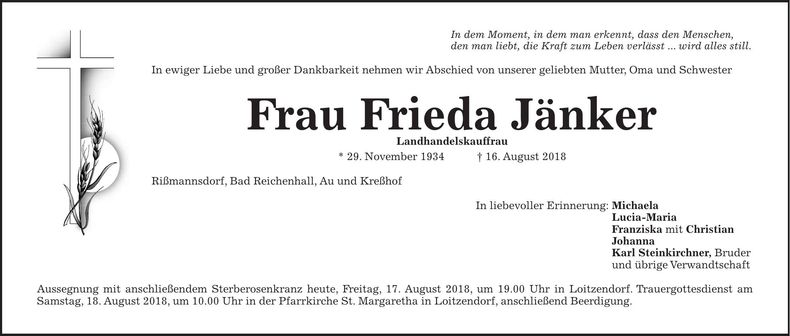Traueranzeige Frieda Jänker