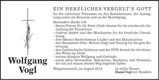 Traueranzeige Wolfgang Vogl