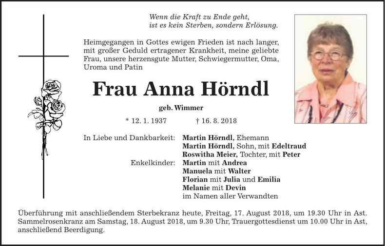 Traueranzeige Anna Hörndl