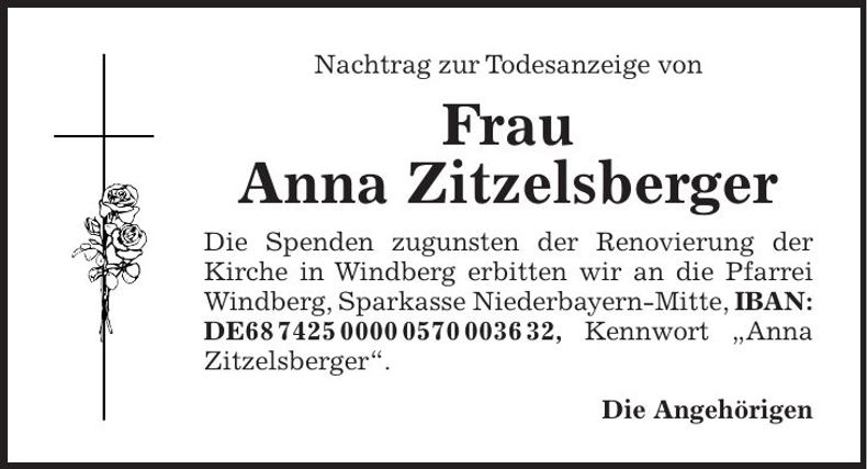 Traueranzeige Anna Zitzelsberger