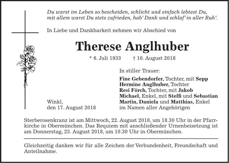 Traueranzeige Therese Anglhuber