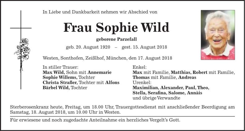 Traueranzeige Sophie Wild