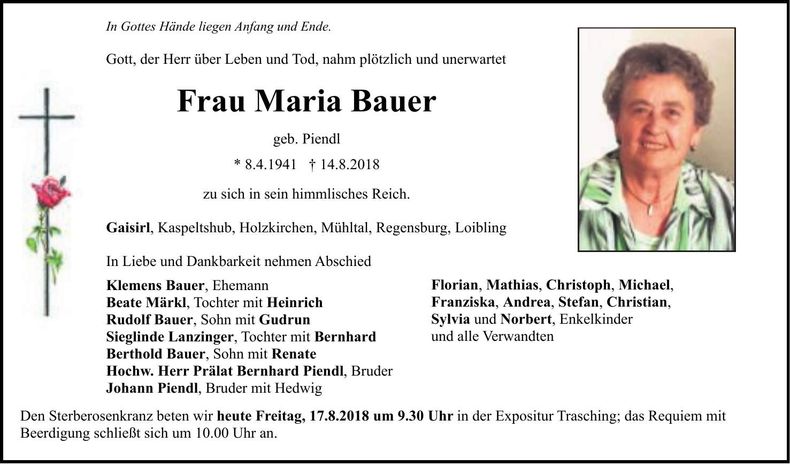 Traueranzeige Maria Bauer