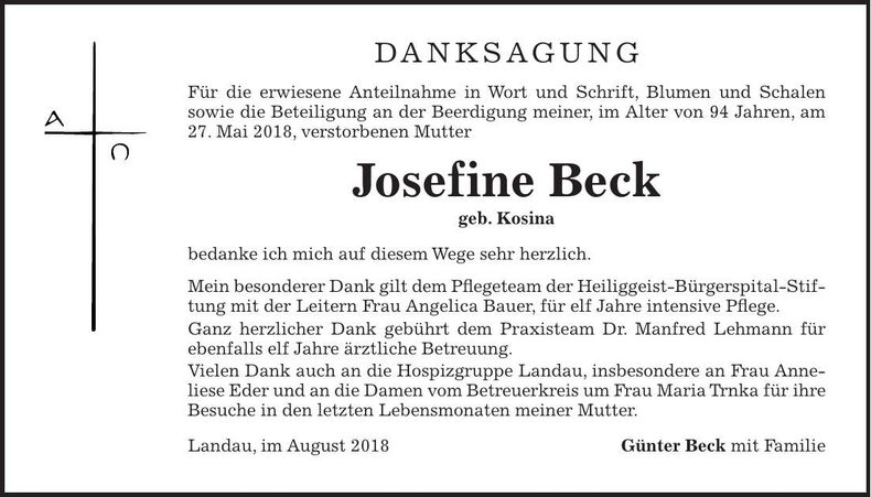 Traueranzeige Josefine Beck