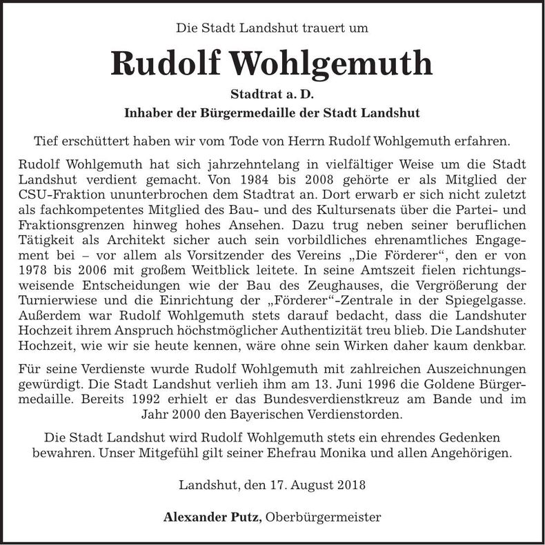 Traueranzeige Rudolf Wohlgemuth