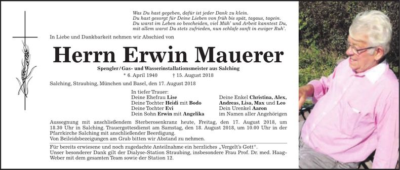 Traueranzeige Erwin Mauerer