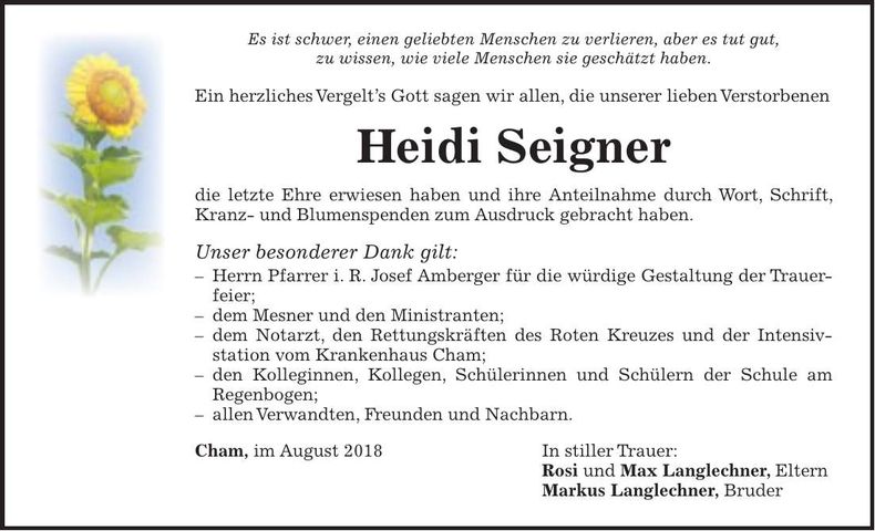 Traueranzeige Heidi Seigner
